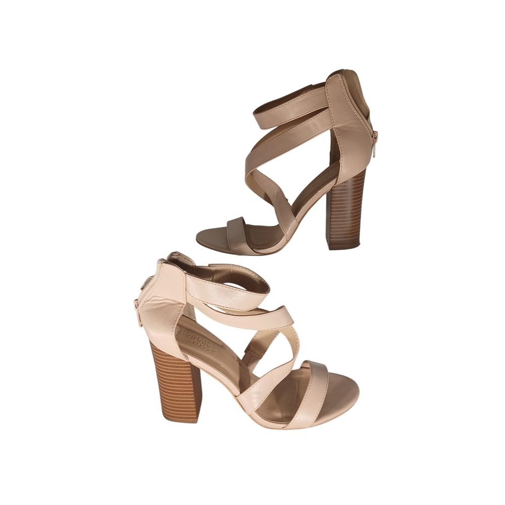 Charlotte Russe Naya Strappy Block Heel‎ Sandals 7 Nude Beige Caged Dressy Chic